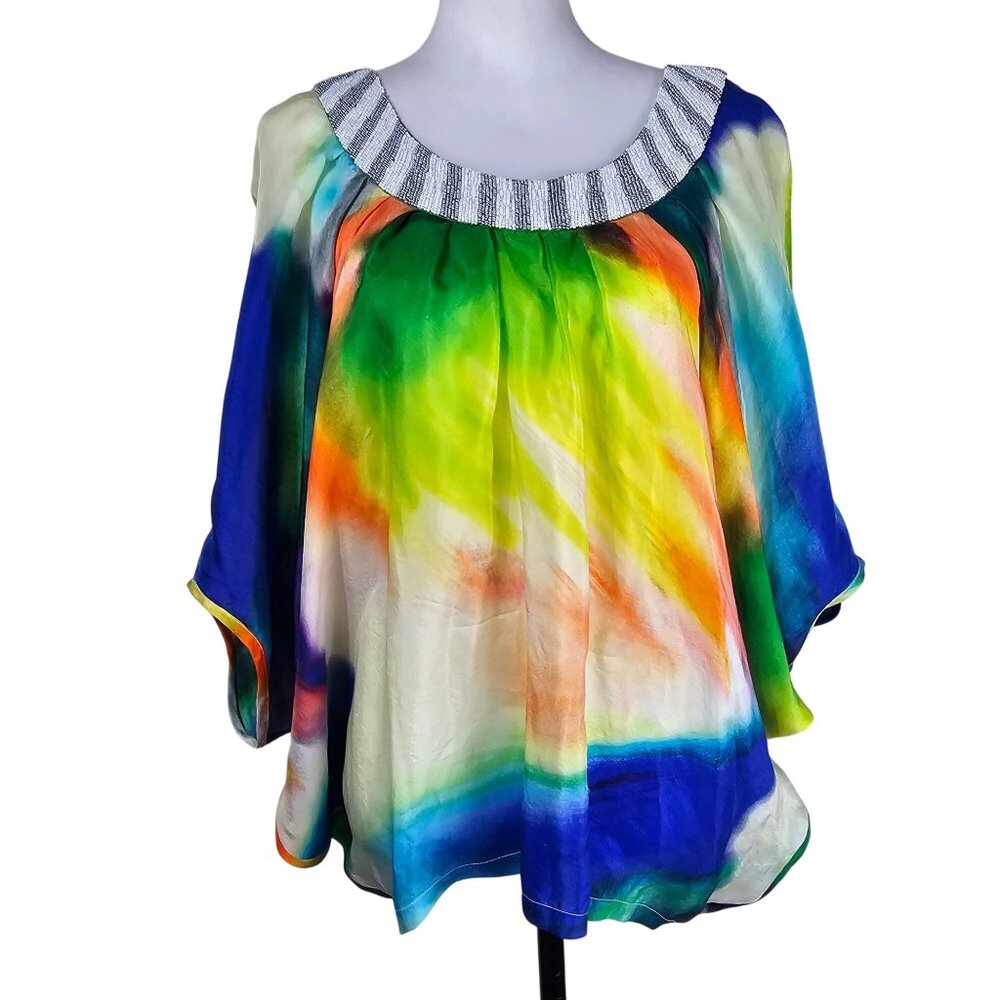 Chelsea Flower Boho Fairy‎ Silk Blouse S Beaded Asymmetrical Dolman Watercolor